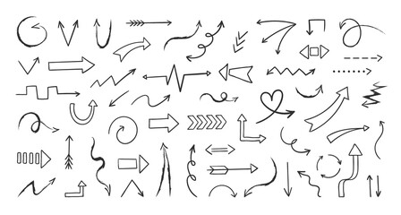 Aufkleber - Doodle arrows. Hand drawn grunge marker brush. Freehand artistic creative sketch. Isolated black pencil scribble signs. Outline direction icons set. Vector minimalistic route pointers