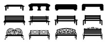 Bench Silhouette. Black Wooden And Wicker Street Chair. Isolated Park Recreation Furniture Collection. Outdoor Seat With Decorative Metal Back. Landscape Elements. Vector Sitting Icons Set