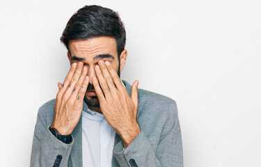 Wall Mural - Young hispanic man wearing business clothes rubbing eyes for fatigue and headache, sleepy and tired expression. vision problem