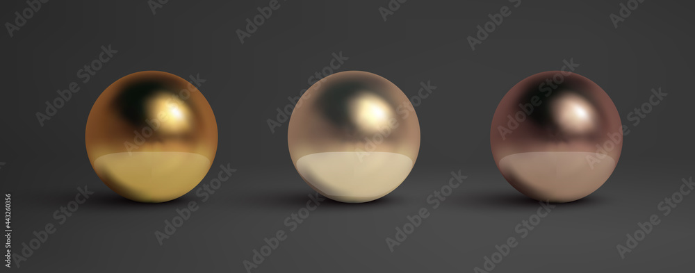 Abstract metal balls set. Pearl, black metal,brass,silver. Vector golden sphere isolated object on black. Chrome sphere silver metal ball. - obrazy, fototapety, plakaty 