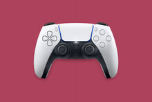 Next Generation White Game Controller Isolated On Cosmic Red Background. Top View.