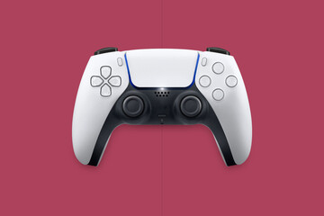 Wall Mural - Next generation white game controller isolated on cosmic red background. Top view.