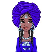 Animation Portrait Of A Young African Woman In A Blue Turban And Ethnic Jewelry. Template For Use.  Vector Illustration Isolated On White Background.