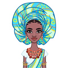 Wall Mural - Animation portrait of a young African woman in a turban and ethnic jewelry. Template for use.  Vector illustration isolated on white background.