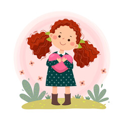 Wall Mural - Vector illustration cartoon of little red curly hair girl hugging heart shaped. Self love, self care, positive, happiness concept.