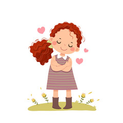 Wall Mural - Vector illustration cartoon of little red curly hair girl hugging herself. Love yourself concept.