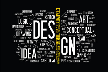 The white word “design” is separated and replaced the letter I with yellow creative words group. Flat minimal style words cloud with illustration about creativity. Design for presentation. 