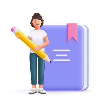 Wall Mural - Young woman Jane holding pen front of huge book. Prepare to examination, make homework, read and learn. Education, university, college concept. 3d vector people character illustration.