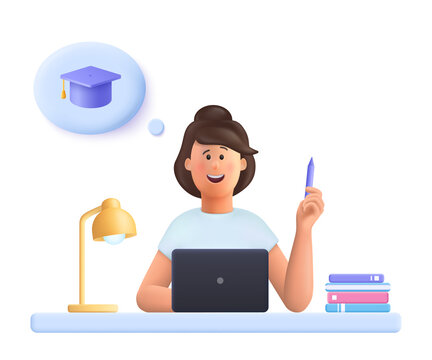 Wall Mural - Young woman Jane sitting at desk in front laptop, holding pencil, doing assignment, thinking graduation. Online education, online study concept.  3d vector people character illustration.