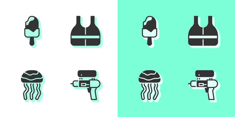 Sticker - Set Water gun, Ice cream, Jellyfish and Life jacket icon. Vector