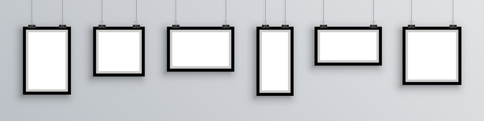 Sticker - Set photo frame, frame with shadow hanging on gray background, picture frames in different forms - stock vector