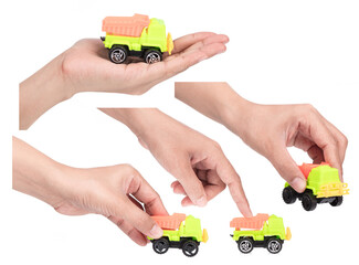 Collection of hand holding Toy Car Construction isolated on white background.