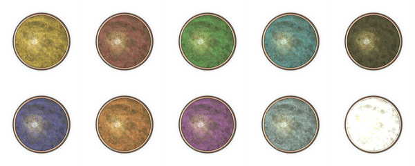 Poster - A set of 10 multi-colored volumetric buttons with borders. Rendering an image.