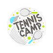Cute emblem for Tennis camp with sports element, tennis rackets, balls and a cap. Round Logo for a sport club, children's leisure and recreation. Vector illustration