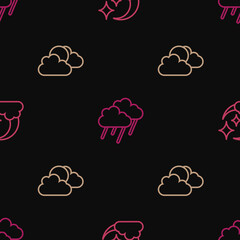 Canvas Print - Set line Cloud with moon, Sun and cloud weather and rain on seamless pattern. Vector