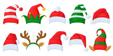 Christmas Celebration Hats. Cartoon Santa Claus, Elf And Reindeer Horns Masquerade Hats Vector Illustration Set. Xmas Holiday Celebration Hats