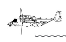 Bell Boeing CV-22B Osprey. Vector Drawing Of Tiltrotor Military Transport Aircraft. Side View. Image For Illustration And Infographics.