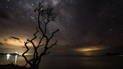 Timelapse of the Milky Way moving through the Sky above the Ocean on Fraser Island in Australia