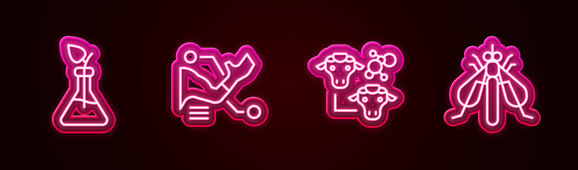 Sticker - Set line Plant breeding, Prosthesis hand, Cloning and Experimental insect. Glowing neon icon. Vector