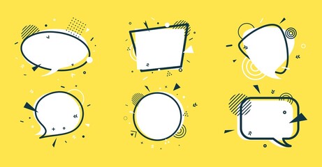 Set of white speech bubbles with abstract geometric shapes. Outline six stickers with black frames on yellow background. Flat banners with place for promotion text, price tag, sale ad. Vector