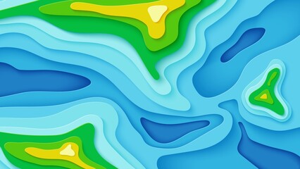 Topographic map in papercut style. Top view river, trees and mountains in paper cut style.Wavy layered shapes cut out from cardboard. Abstract Vector illustration for ecology creative concept