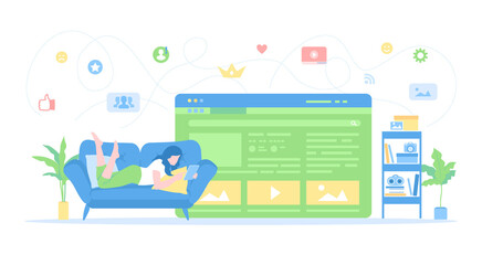 Wall Mural - Blogging. Blog post writing, social network page, content making. Girl lying on the couch at home writes texts, messages, shares photos and videos. Vector illustration flat style.