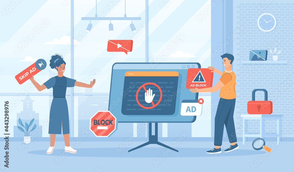 Ad Blocking. No advertising, anti spam protection, without ads concept ...
