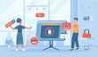 Ad Blocking. No advertising, anti spam protection, without ads concept. Website Adblock software, skip button. Flat cartoon vector illustration with people characters for banner, website design 