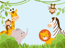 Group Of African Kids Animals In The Rainforest. Vector Hand-drawn Illustration In Cartoon Style. Funny Cute Elephant, Lion, Giraffe, Zebra And Monkey On The Background Of The Park With Trees
