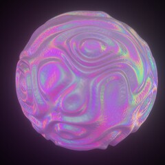Poster - Abstract holographic sphere with rippled and glitched surface. 3D illustration in retrofuturistic synthwave style.