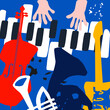 Music promotional poster with musical instruments colorful vector illustration. Violoncello, piano, trumpet, guitar, French horn for live concert events, jazz music festivals and shows, party flyer