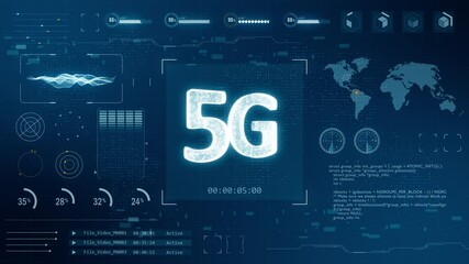 Poster - Motion graphic of Blue digital 3D 5G logo with head up display ( HUD ) background and futuristic technology abstract background