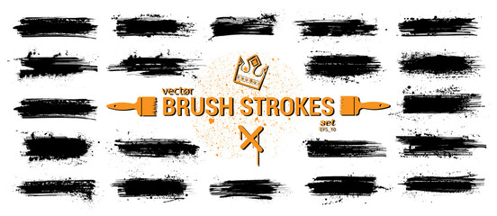 Aufkleber - Paint splashes, stencil texture, paintbrush strokes set with ink splashes. Very detailed collection grunge brushes. Spray splash with drops blots. Isolated ink traces, strokes texture. Vector set