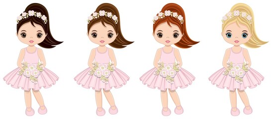 Wall Mural - Cute Girls in Pastel Pink Dresses with Flowers