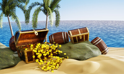 Wall Mural - Gold coins are scattered from boxes or treasure chests. wooden treasure chest put on the beach at a deserted island in the theme of Pirate treasure. 3D rendering