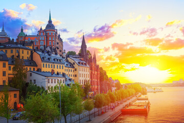 Wall Mural - Stockholm, Sweden. Scenic summer sunset view with colorful sky of the Old Town architecture in Sodermalm district.