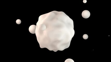 Poster - 3d loop animation with an alpha channel. An abstract sphere with a wavy surface and flying balls. The idea of the birth, appearance, occurrence of something.