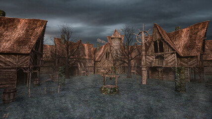 Poster - 3D illustration of a medieval fantasy village or town with wooden buildings, a well and a windmill.