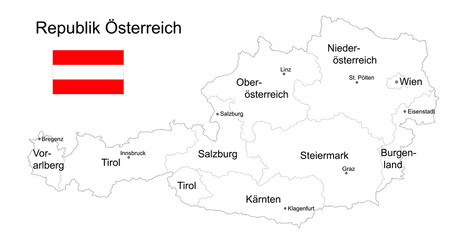  Landkarte Republik Österreich zum ausmalen, 
mit Flagge, Bundesländer, Städte und Hauptstädte,
Vektor Illustration isoliert auf weißem Hintergrund
