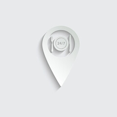 Poster - paper map pointer with  food icon. Icon 24 Hour  food icon sign 