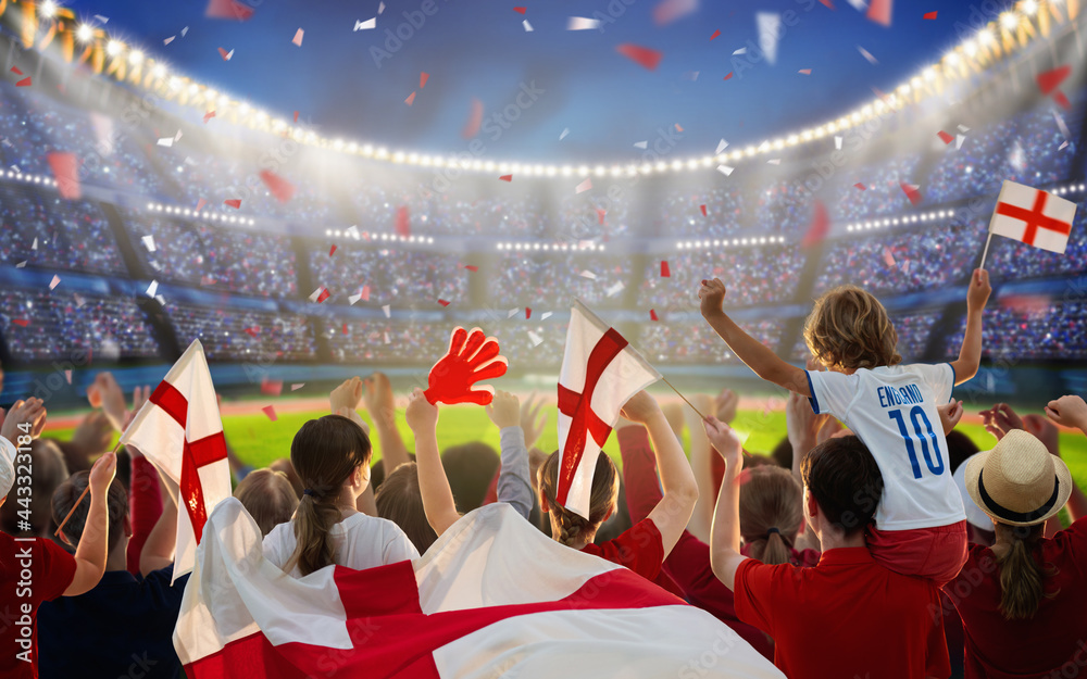 England football team supporter on stadium. - obrazy, fototapety, plakaty 