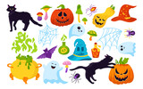 Fototapeta Dinusie - Halloween holiday comic horror cartoon set. Black cat, pumpkin, hat spider web symbolic flat design. Magic hag cauldron bat, toxic mushroom, wizard potion poison bottle. Vector illustration