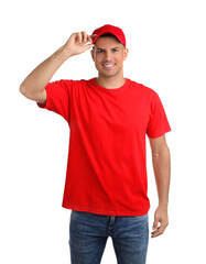 Wall Mural - Happy man in red cap and tshirt on white background. Mockup for design