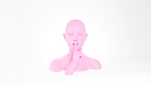 Shh Gesture. Pink Female Mannequin Showing Hush Sign. Secret Concept. 3D Rendered Image.