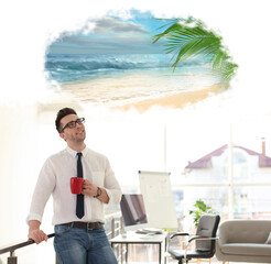 Sticker - Young man dreaming about vacation in office