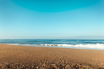 Wall Mural - Beach, blue sea, waves. Laptop, rest, walking along the beach.