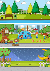 Wall Mural - Set of different horizon scenes background with doodle kids cartoon character