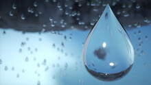 Macro Of A Raindrop Falling From Clouds During Thunderstorm. 3D Render.