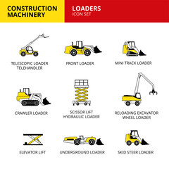 Wall Mural - loaders vehicle and transport construction machinery icons set vector