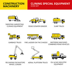 Wall Mural - clining Special equipment machinery vehicle and transport car construction machinery icons set vector